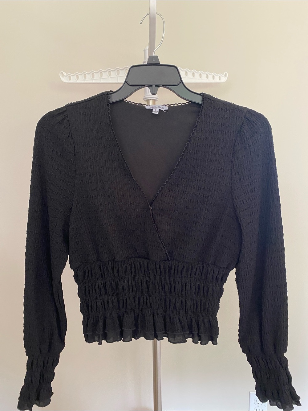 White Birch Black Smocked-Waist V-Neck Long Sleeve Blouse